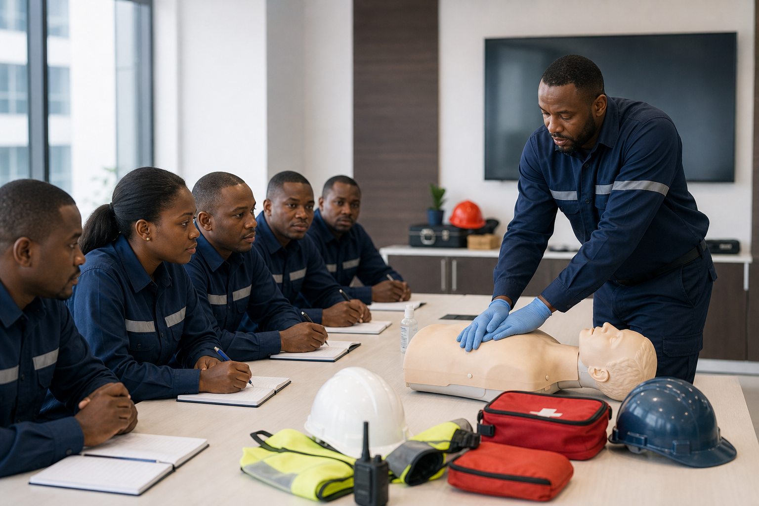 Session de formation professionnelle HSE et premiers secours dans une salle moderne