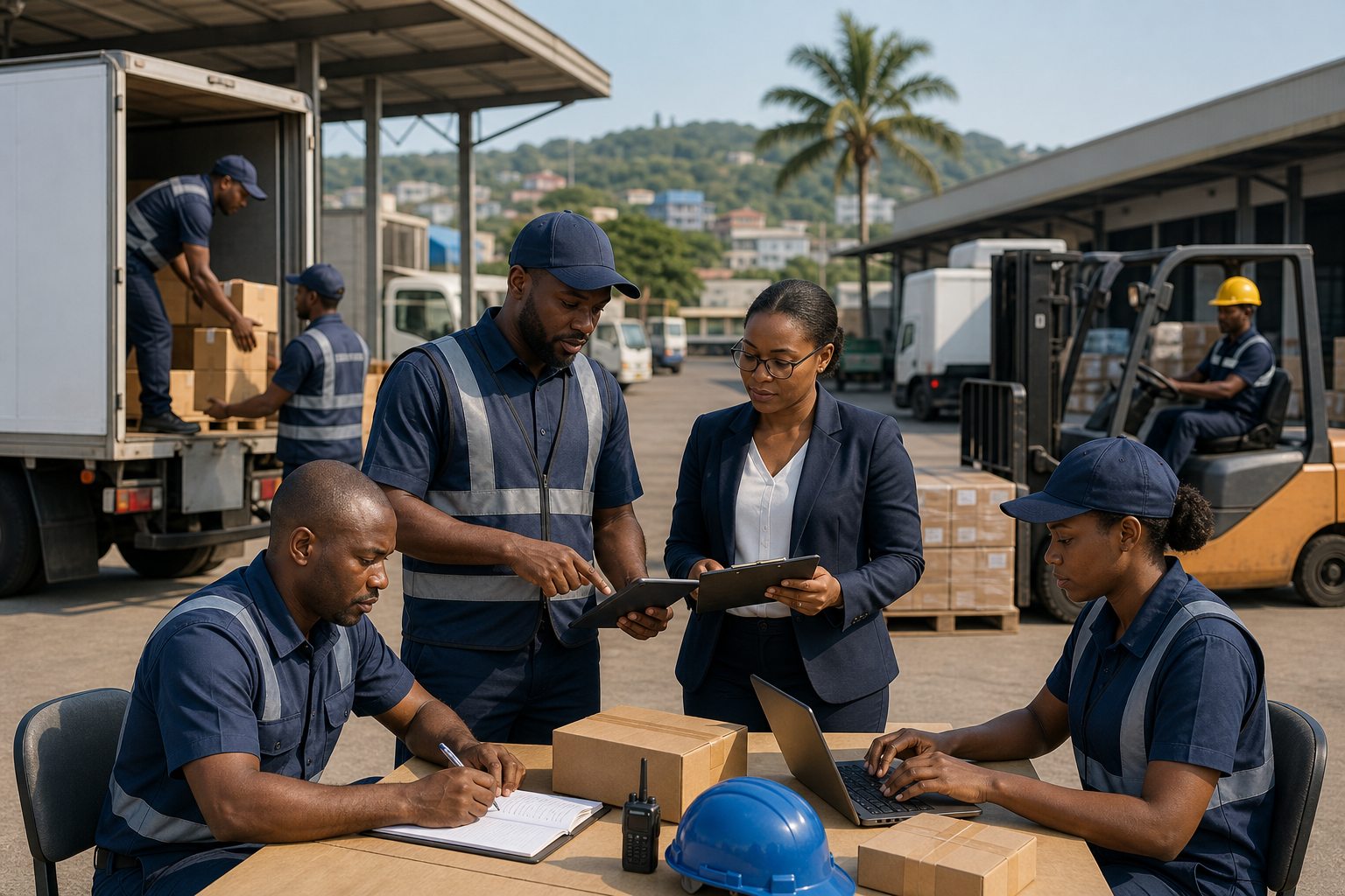 Opérations logistiques avec camions, entrepôt et équipe terrain en Afrique centrale