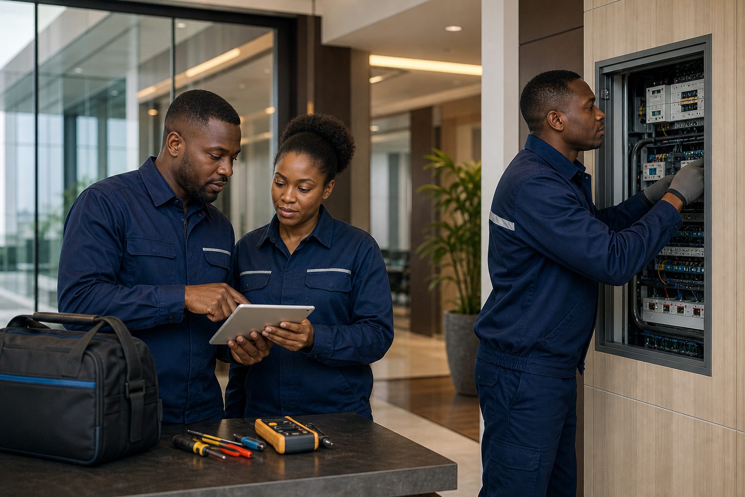 Équipe technique assurant la maintenance dans un immeuble de bureaux moderne